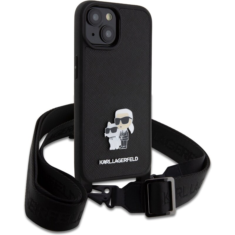 Guess Ochranný kryt s crossbody popruhem pro iPhone 15 PLUS - Karl Lagerfeld, Saffiano Metal Karl and Choupette Black