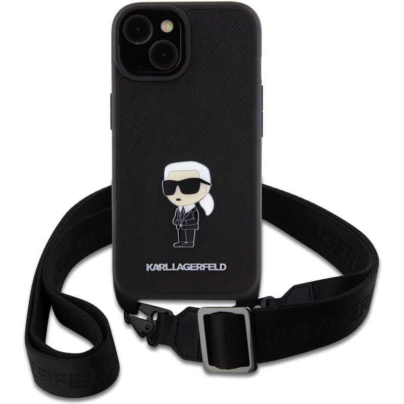 Guess Ochranný kryt s crossbody popruhem pro iPhone 15 - Karl Lagerfeld, Saffiano Metal Ikonik Black