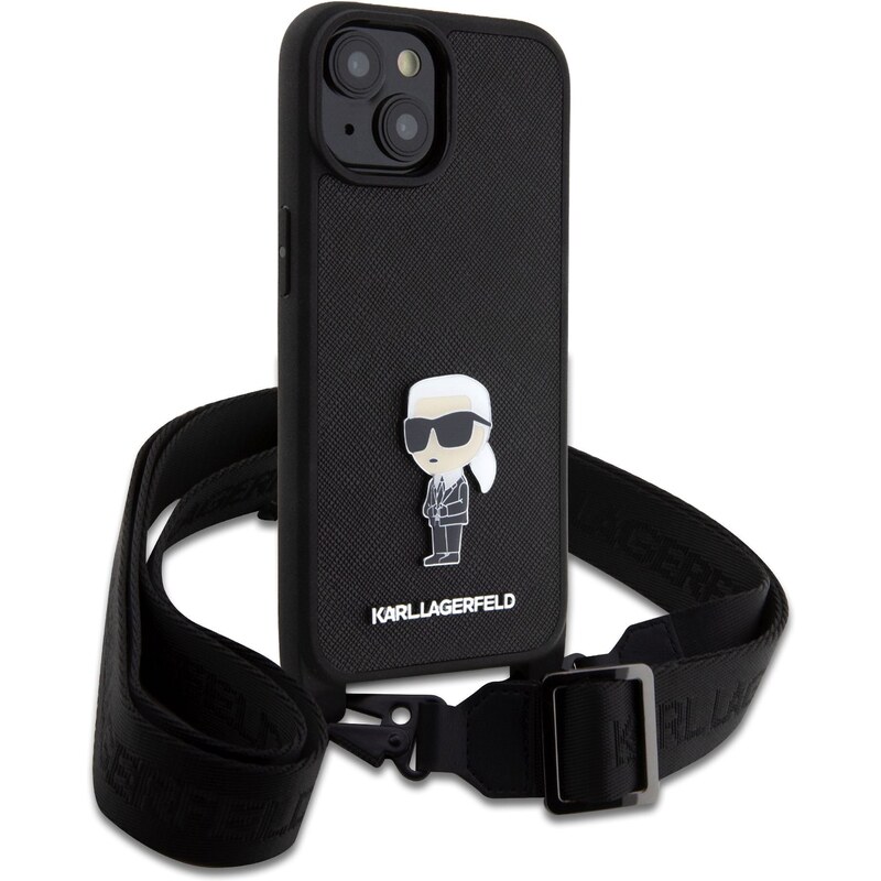Guess Ochranný kryt s crossbody popruhem pro iPhone 15 PLUS - Karl Lagerfeld, Saffiano Metal Ikonik Black