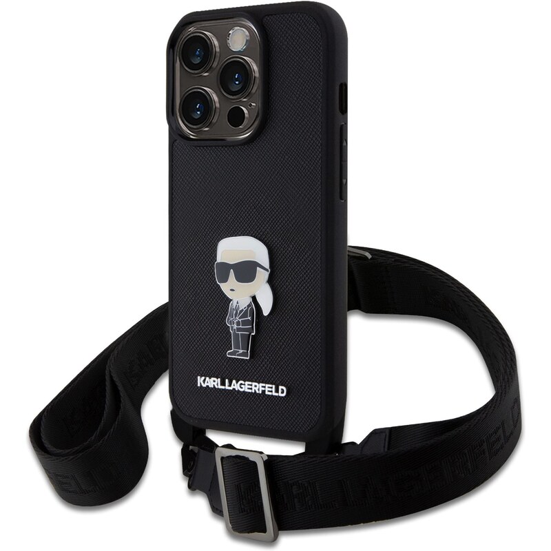 Ochranný kryt s crossbody popruhem pro iPhone 15 Pro - Karl Lagerfeld, Saffiano Metal Ikonik Black