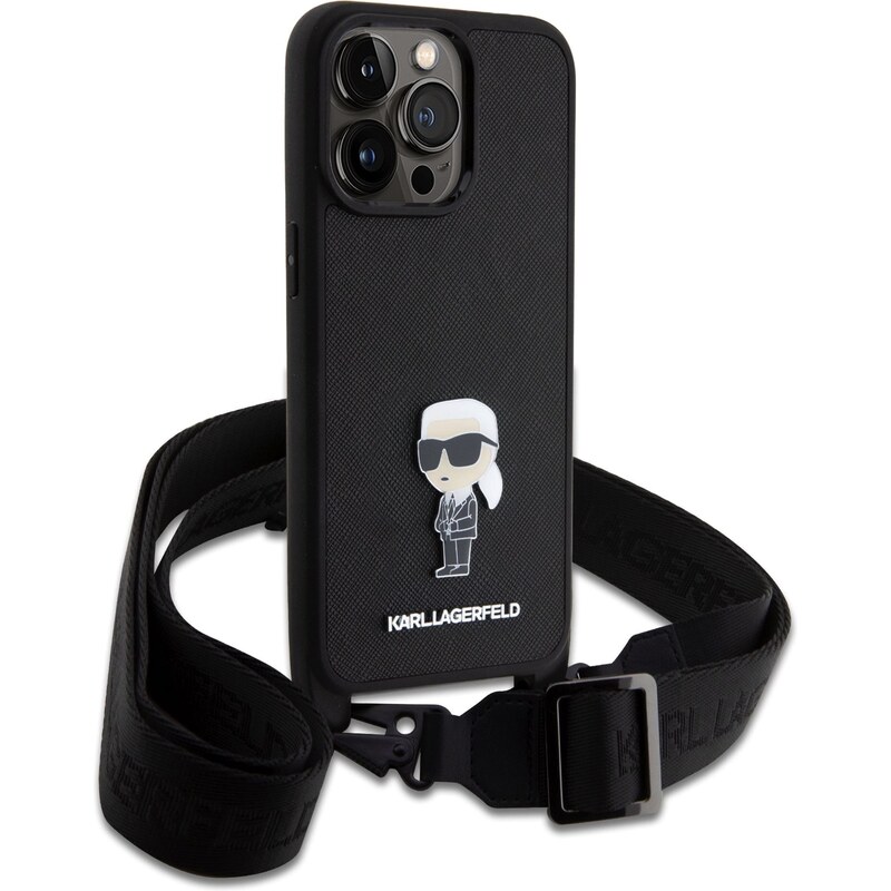 Ochranný kryt s crossbody popruhem pro iPhone 15 Pro MAX - Karl Lagerfeld, Saffiano Metal Ikonik Black