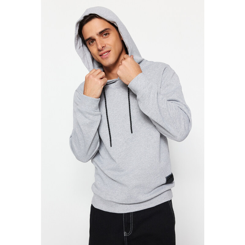 Trendyol Gray Regular/Normal Cut Contrast Label Thick Sweatshirt with Fleece Inside