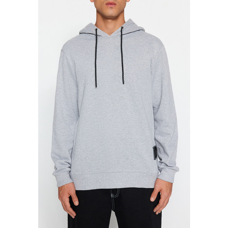 Trendyol Gray Regular/Normal Cut Contrast Label Thick Sweatshirt with Fleece Inside