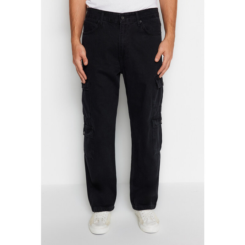 Trendyol Black Wide Fit Cargo Pocket Jeans Loose Denim Trousers