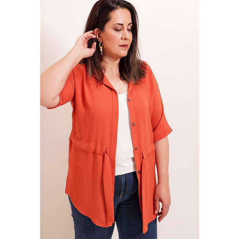 By Saygı Belted Waist and Front Buttoned Plus Size Ayrobin Tunic Shirt