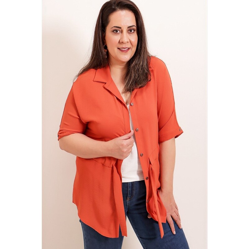 By Saygı Belted Waist and Front Buttoned Plus Size Ayrobin Tunic Shirt