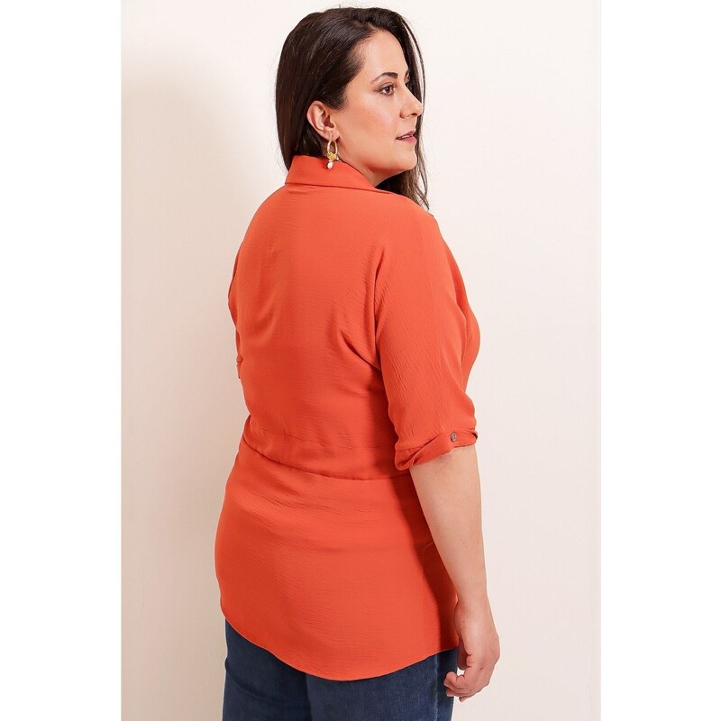 By Saygı Belted Waist and Front Buttoned Plus Size Ayrobin Tunic Shirt