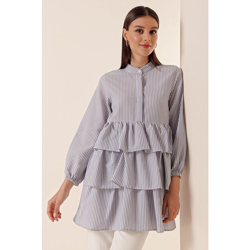 By Saygı Longitudinal Stripe Half Pats Layered See-through Tunic Blouse Blue