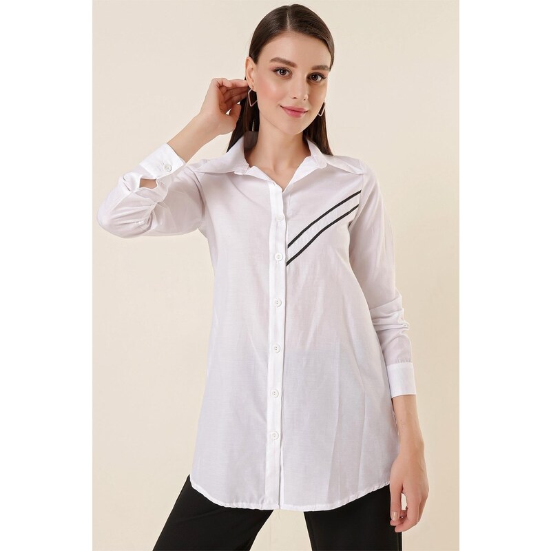 By Saygı One Side Bias Striped Tunic Shirt White