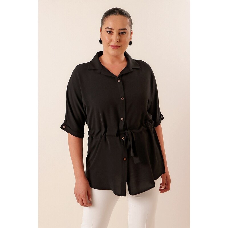 By Saygı Large Size Ayrobin Tunic Shirt with Belted Waist and Buttoned Front