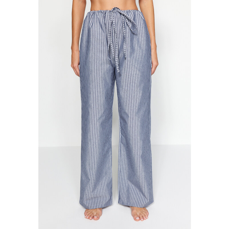 Trendyol Blue Premium Striped Pajama bottoms with fastening detail, wide fit