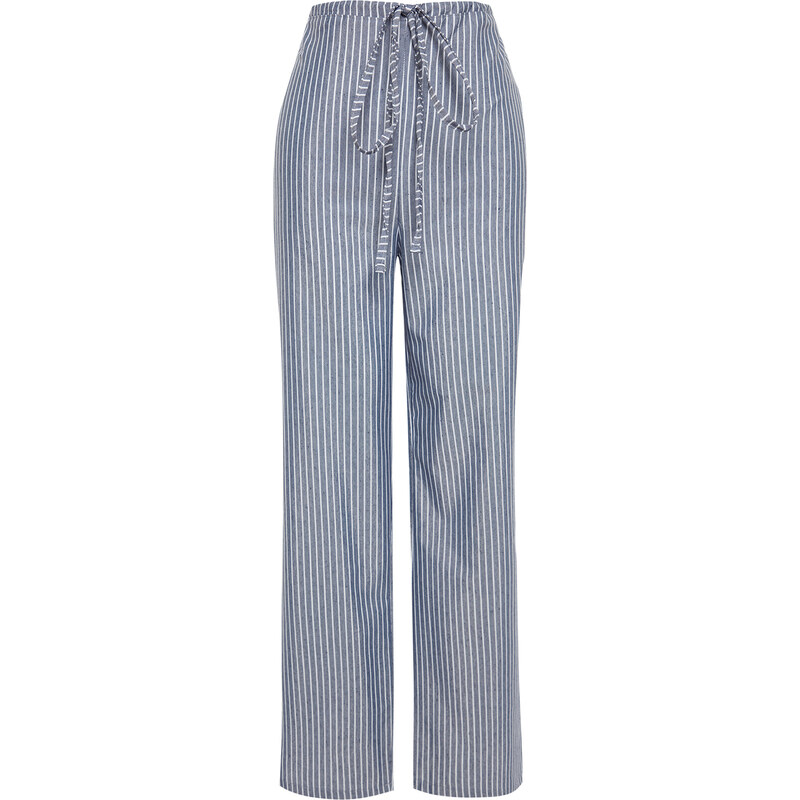 Trendyol Blue Premium Striped Pajama bottoms with fastening detail, wide fit