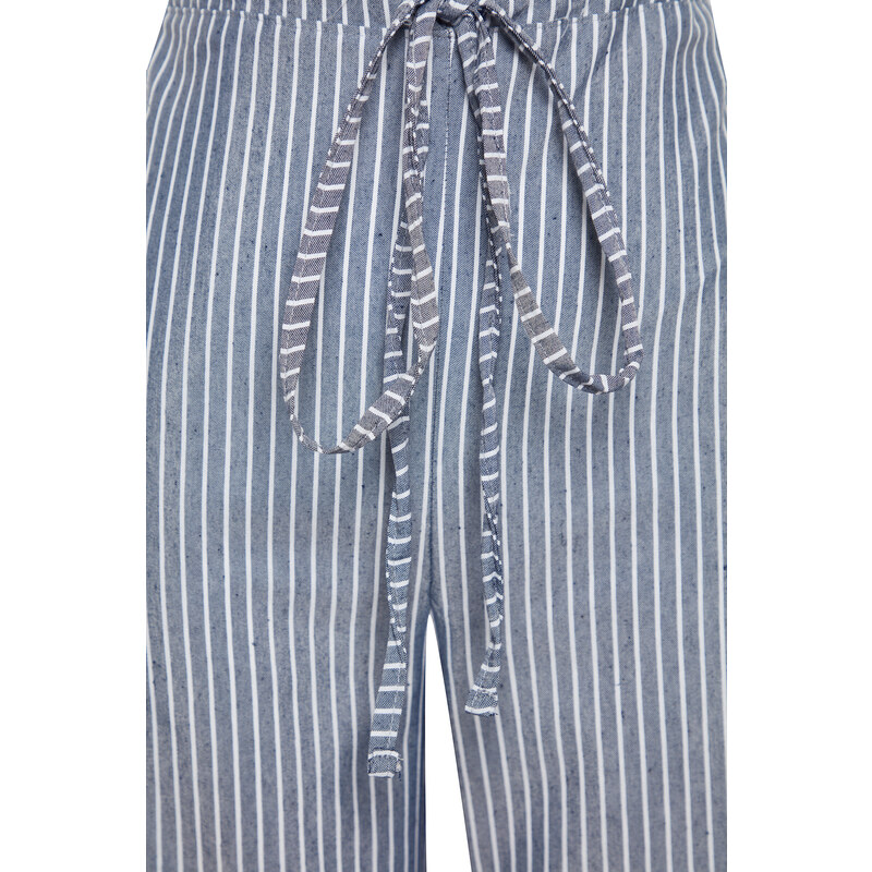 Trendyol Blue Premium Striped Pajama bottoms with fastening detail, wide fit