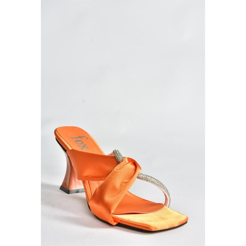 Fox Shoes Orange Satin Evening Dress with Stones and Heels Slippers