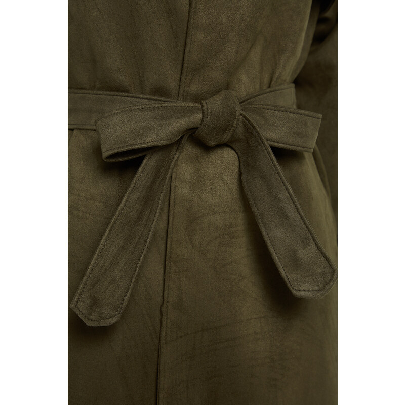 Trendyol Khaki oversize široký semišový dlouhý trenčkot s detailem šerpy