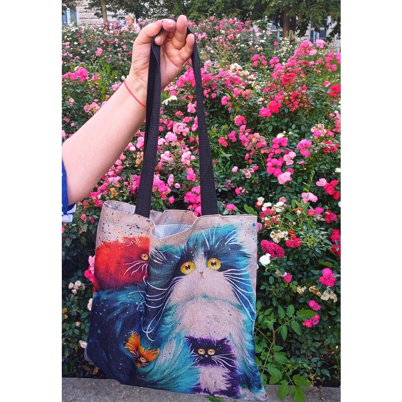 Flor de Cristal Plátěná taška přes rameno Kočky černé