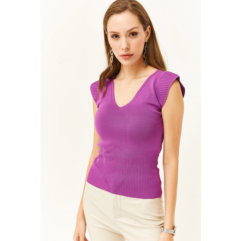 Olalook Women's Purple Shoulder And Skirt Detailed Front Back V Knitwear Blouse