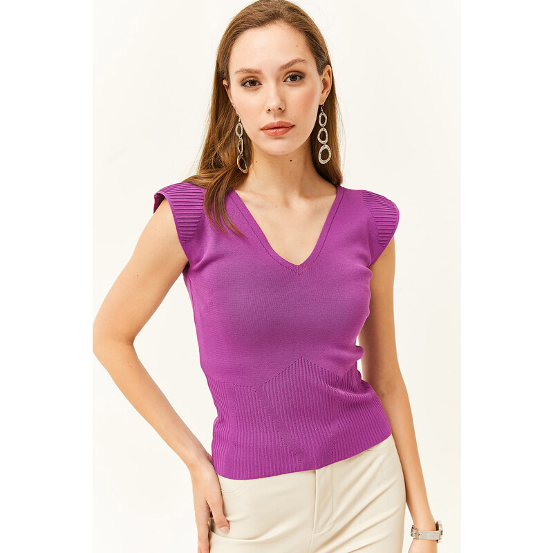 Olalook Women's Purple Shoulder And Skirt Detailed Front Back V Knitwear Blouse