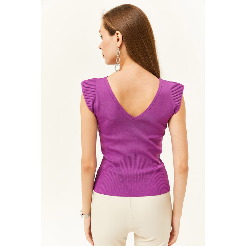 Olalook Women's Purple Shoulder And Skirt Detailed Front Back V Knitwear Blouse