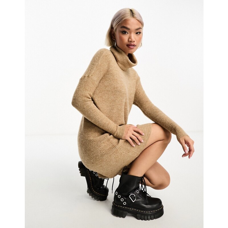 ONLY roll neck knitted mini jumper dress in beige-Neutral 94004591