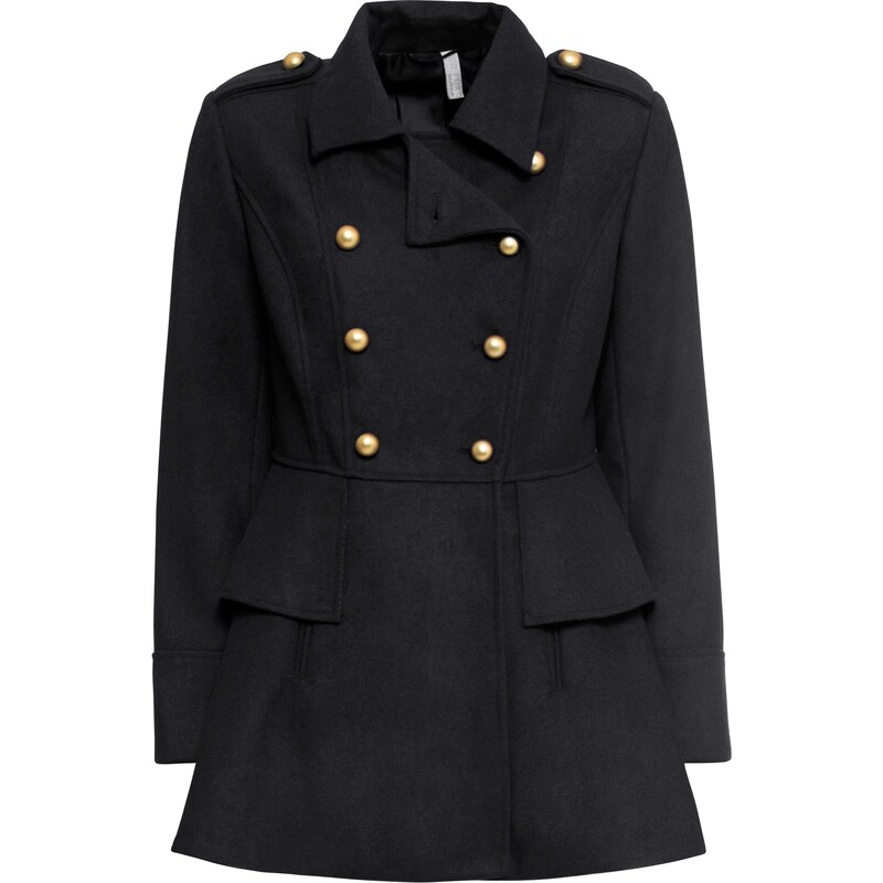 bonprix Krátký kabát ve vojenském stylu s podílem vlny Černá
