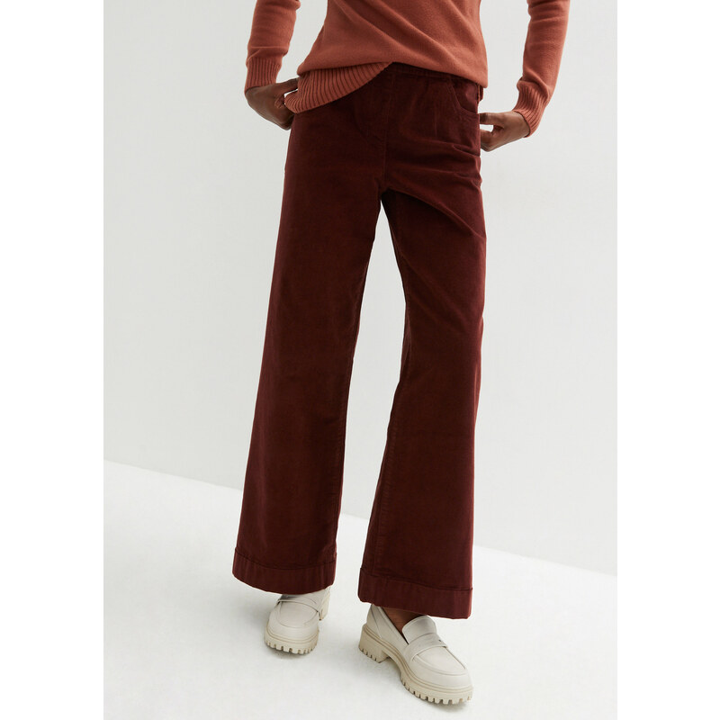 bonprix Široké strečové manšestrové kalhoty, High Waist hnědá