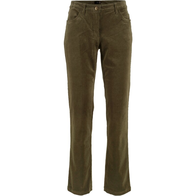 bonprix Strečové manšestrové kalhoty Straight Zelená