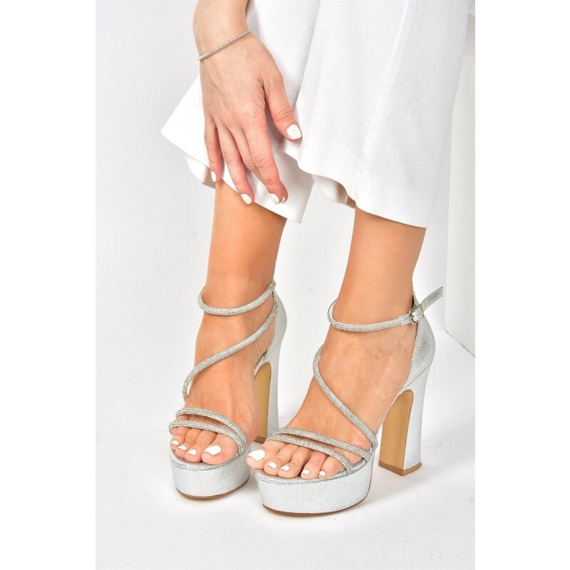 Fox Shoes Silver Glitter Platform Thick Heels Women's Evening Dress Shoes