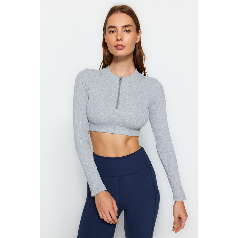 Trendyol Gray Melange Ribbed and Zipper Detail Yoga Knitted Sports Top/Blouse