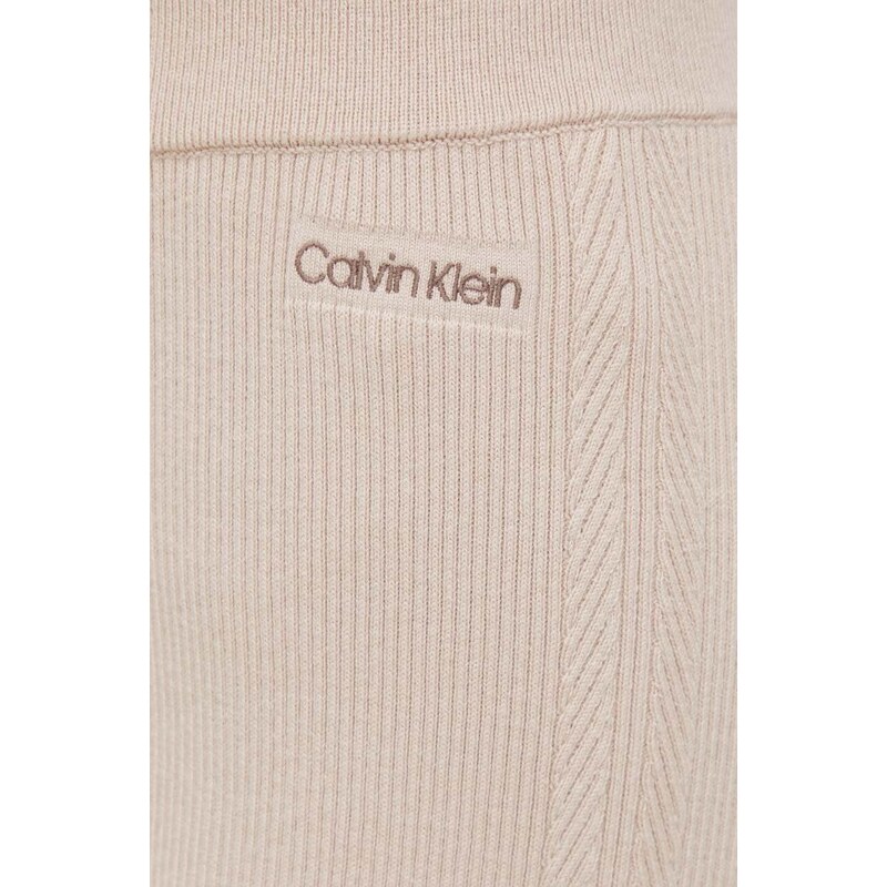 Kalhoty s příměsí vlny Calvin Klein béžová barva, široké, high waist