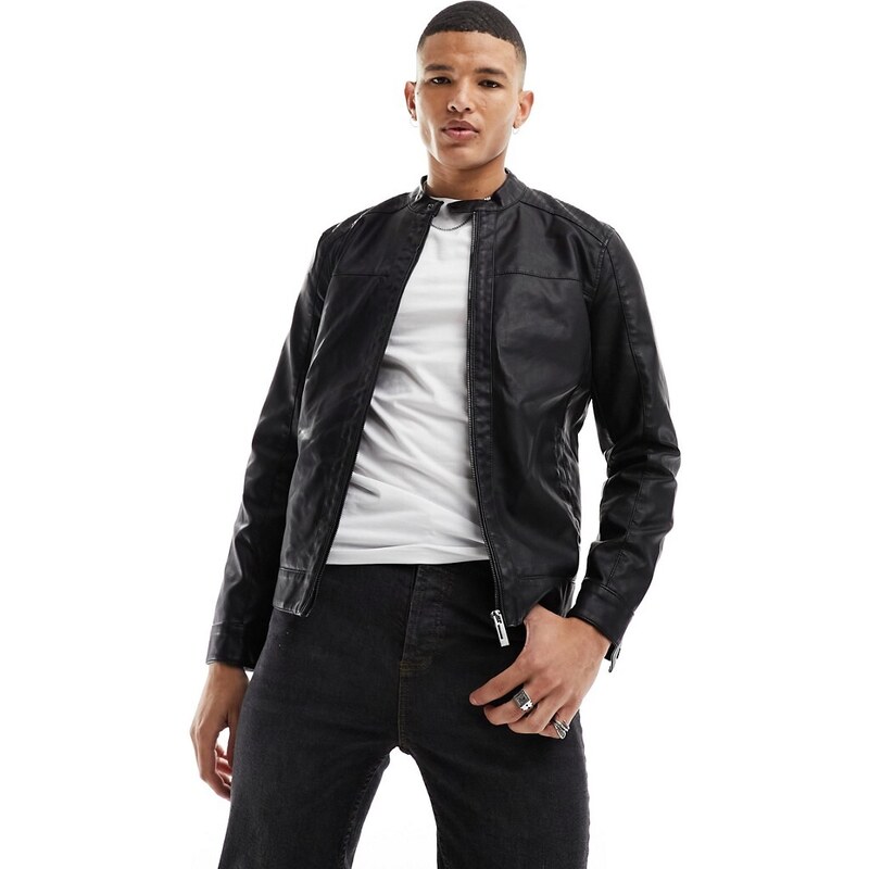 ONLY & SONS faux leather racer jacket in black