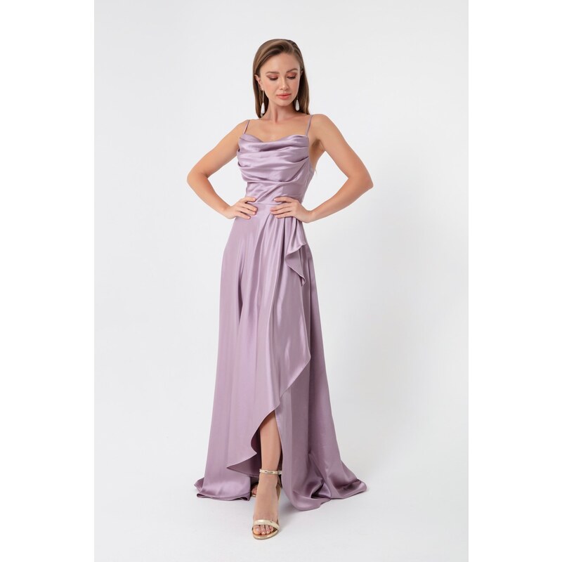 Lafaba Women's Lilac Volleyball Satin Evening &; Prom Dress with a slit