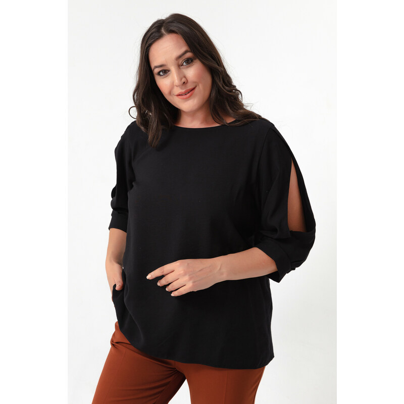 Lafaba Women's Black Crew Neck Poor Sleeve Plus Size Blouse