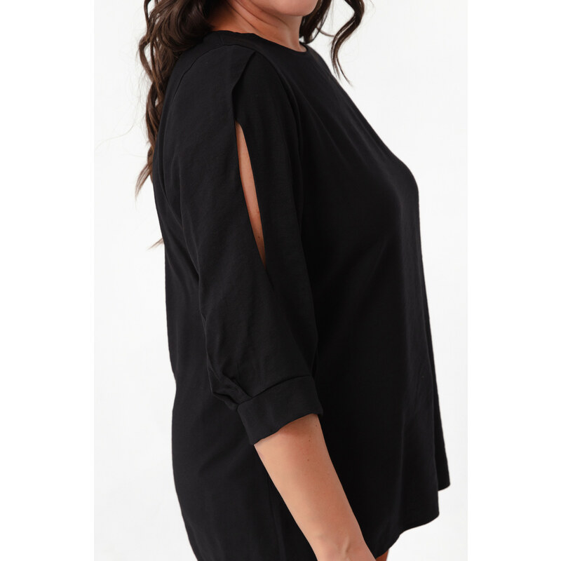 Lafaba Women's Black Crew Neck Poor Sleeve Plus Size Blouse