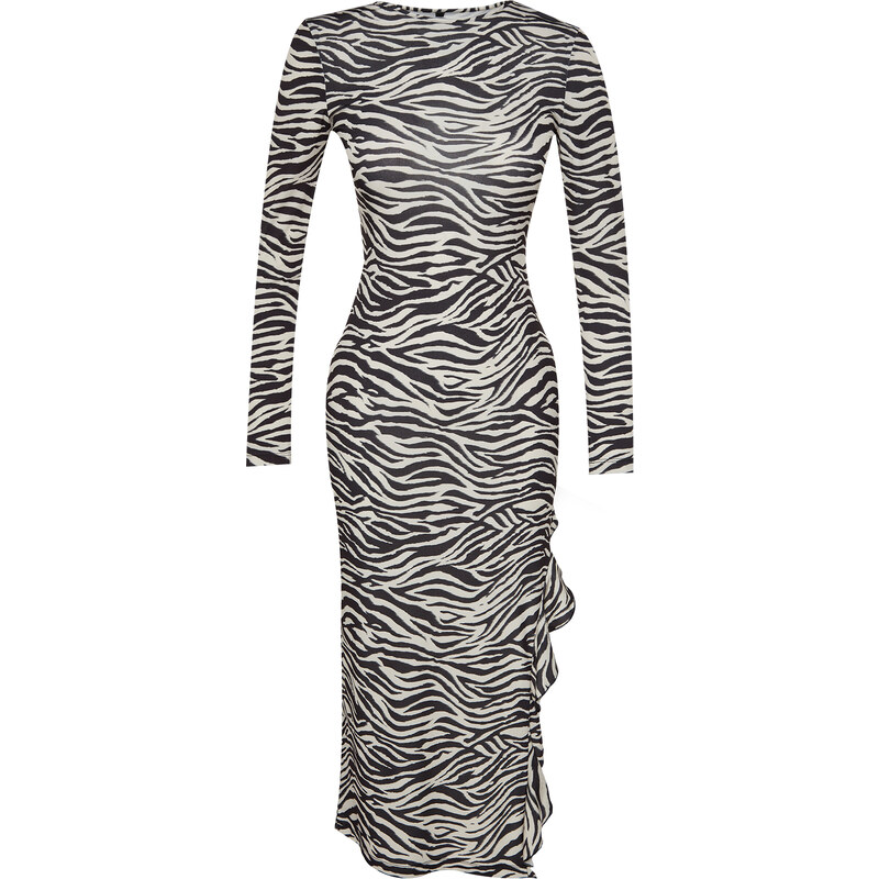 Trendyol Černá Zebra Vzorovaná Štěrbinová Sukně Volán Maxi Stretch Pletené šaty
