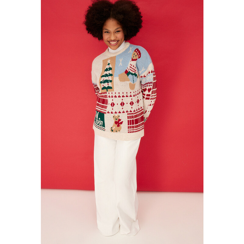 Trendyol Stone Christmas Themed Oversize Soft Textured Patterned Knitwear Sweater