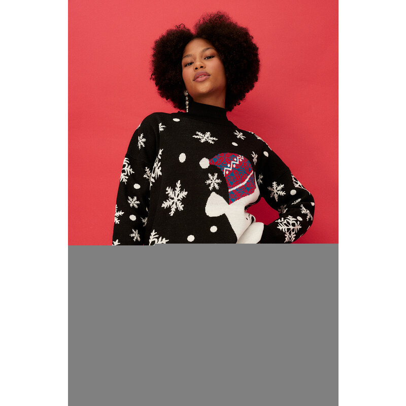 Trendyol Black Oversize Christmas Theme Knitwear Sweater