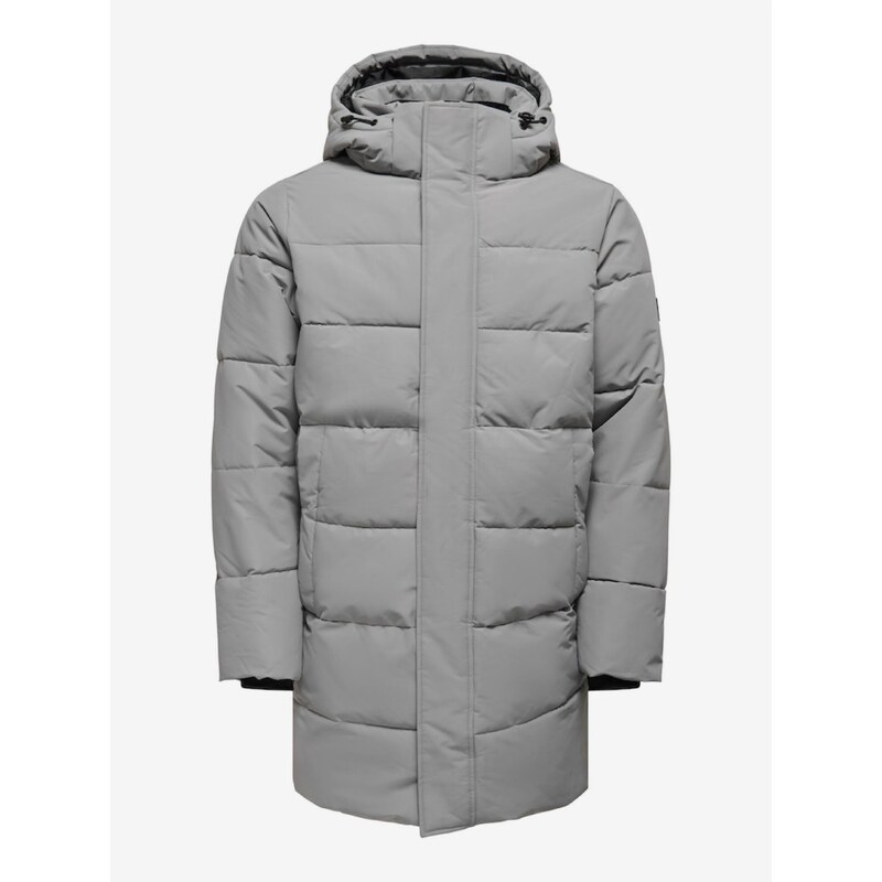 Světle šedý pánský prošívaný zimní kabát ONLY & SONS Carl - Pánské