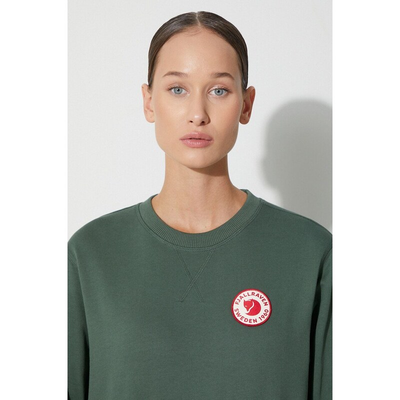 Bavlněná mikina Fjallraven 1960 Logo Badge Sweater dámská, zelená barva, s aplikací, F87230