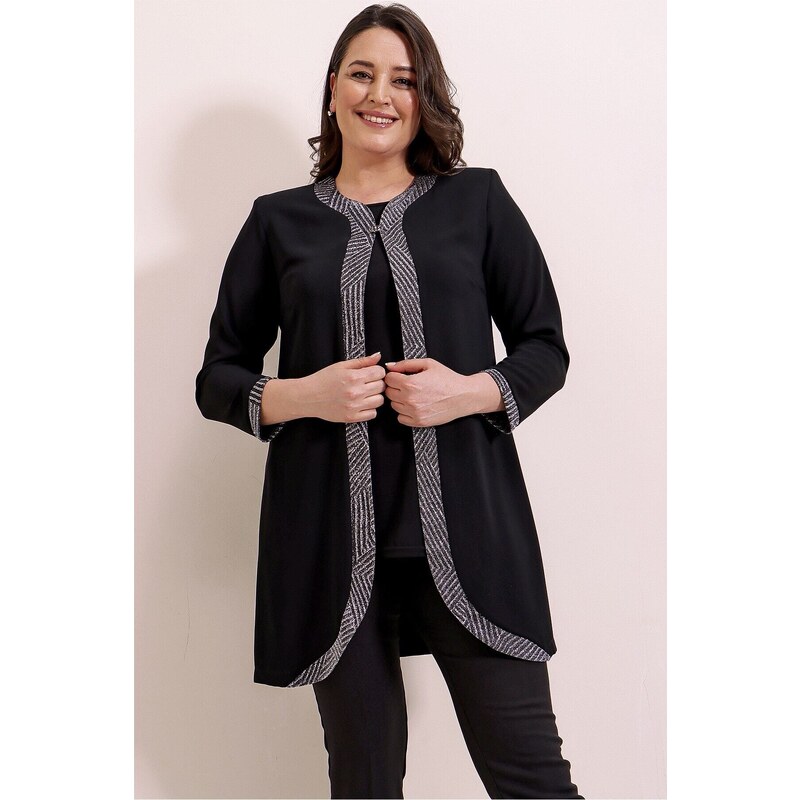 By Saygı Front And Sleeve Ends Silvery Crepe Inner Jacket Lycra Blouse Plus Size 2 Set Black