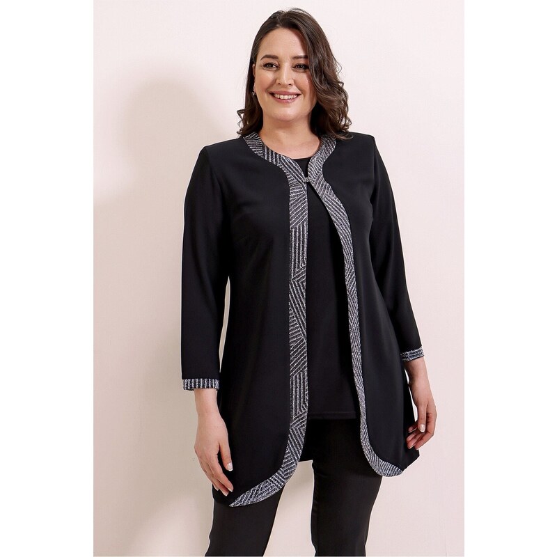 By Saygı Front And Sleeve Ends Silvery Crepe Inner Jacket Lycra Blouse Plus Size 2 Set Black