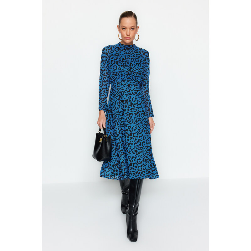 Tkané šaty Trendyol Blue Midi Leopard vzor