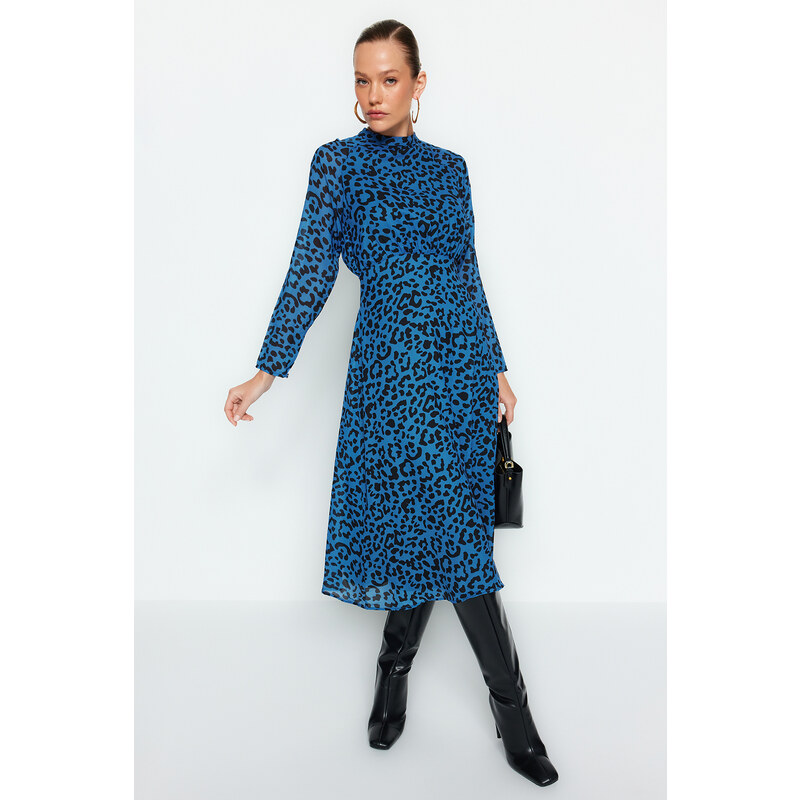 Tkané šaty Trendyol Blue Midi Leopard vzor
