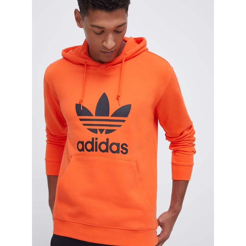 Bavlněná mikina adidas Originals pánská, oranžová barva, s kapucí, s potiskem