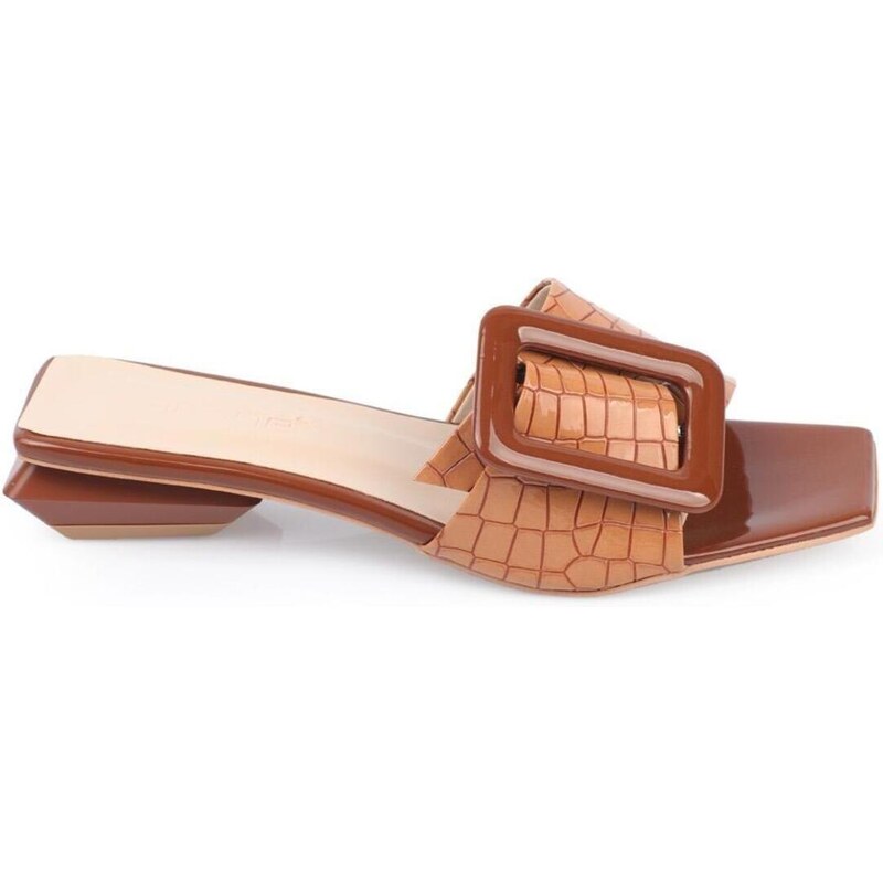 Capone Outfitters Capone Low Heels With Buckle Patent Leather Crocodile Light Green Women's Slippers.