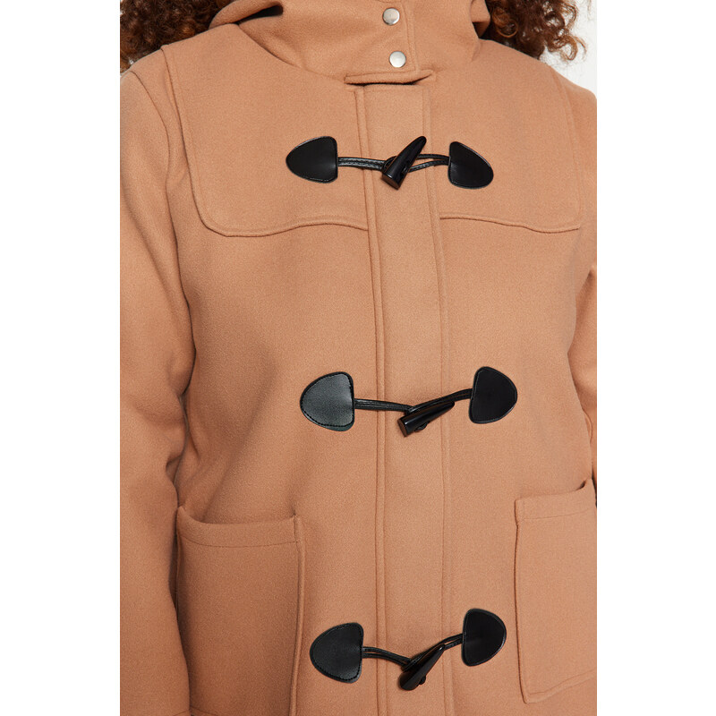 Trendyol Curve Camel Button Closure Hooded Cachet Coat