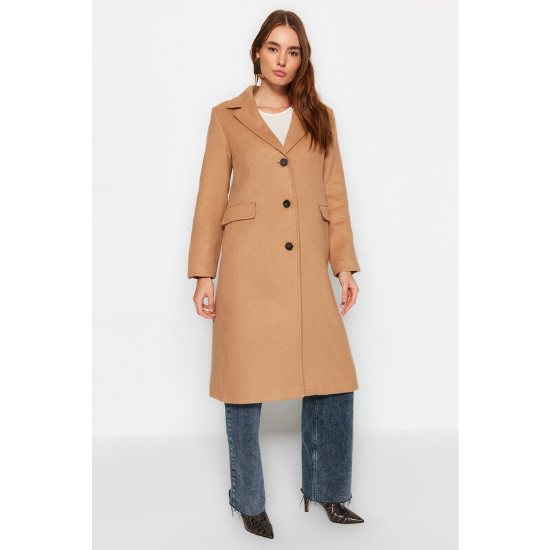 Trendyol Beige Premium Oversize široký střih vlněný plněný kabát