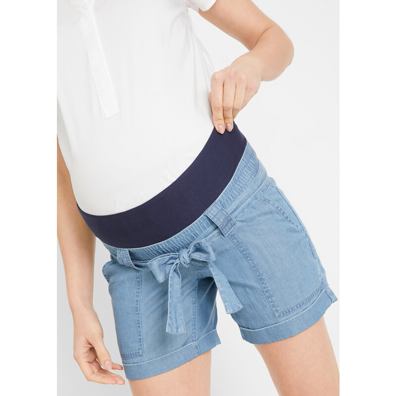 bonprix Těhotenské šortky ze lnu v džínovém vzhledu Modrá