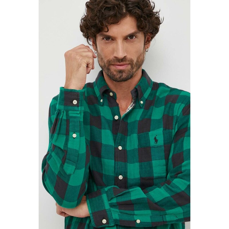 Košile Polo Ralph Lauren zelená barva, regular, s límečkem button-down