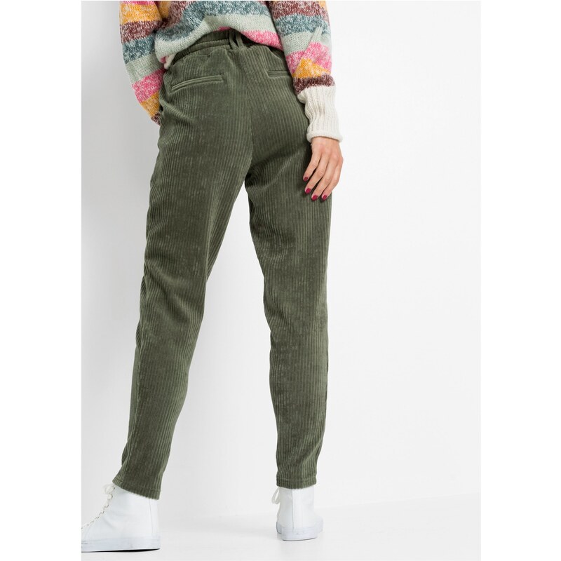 bonprix Kalhoty v manšestrovém vzhledu s elastickým pasem Zelená